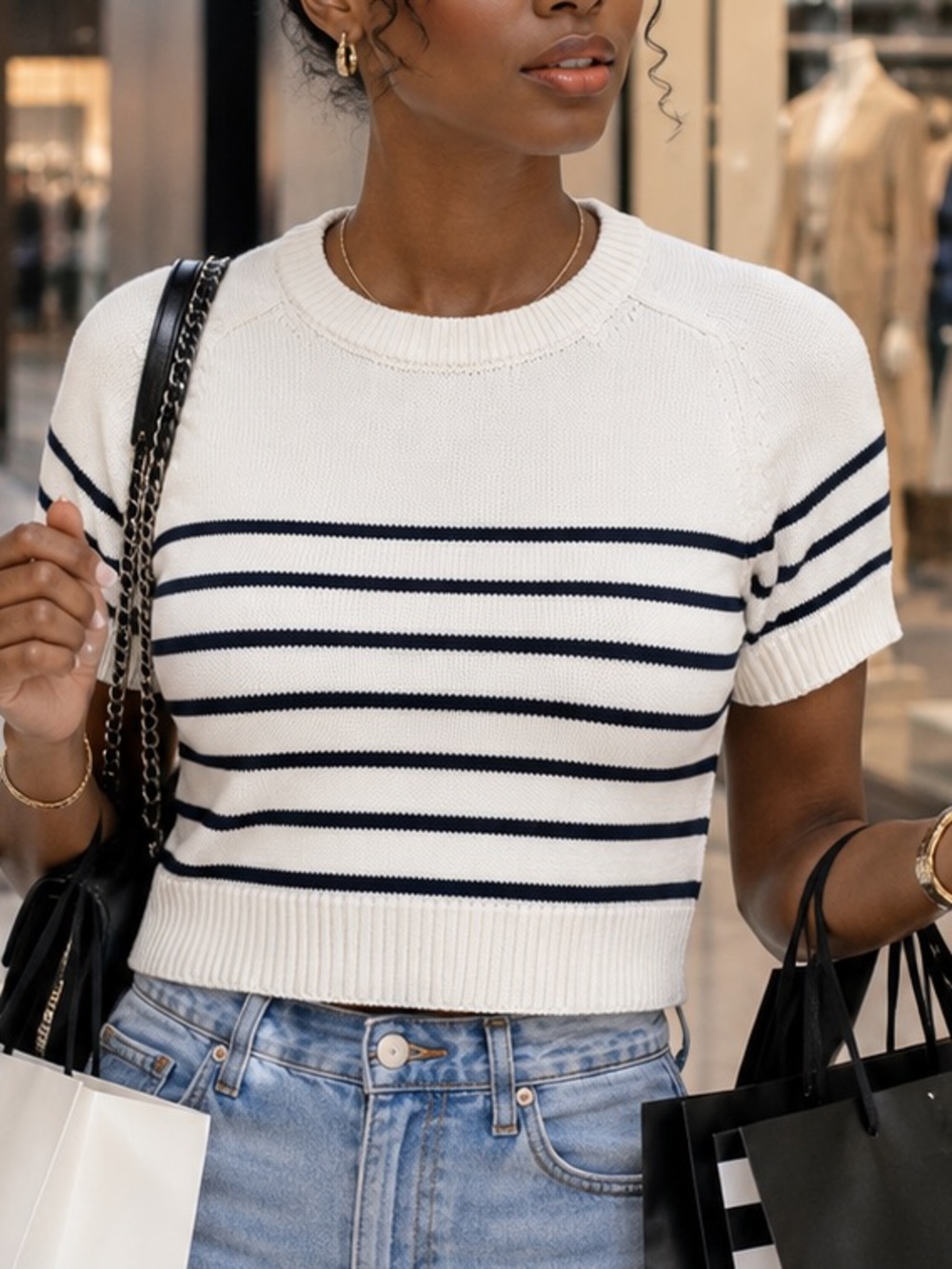 Vigoss White Cropped Knit Tee with Navy Stripes